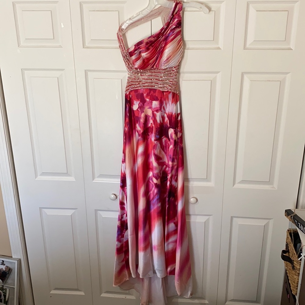 David’s Bridal Betsy & Adam Pink Floral Prom Dress.